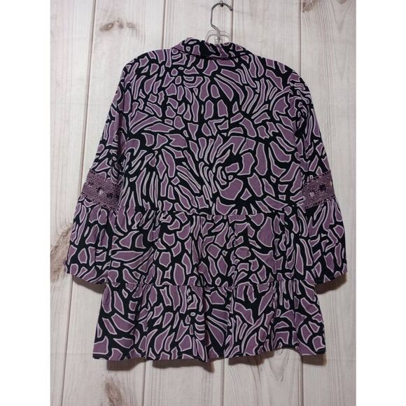 Cato Shirt Ladies Medium Purple Black Long Sleeve Button Front Bell Sleeve - Picture 2 of 7